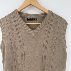 Paul Jones Mens Sweater Vest‎ Medium Brown V Neck Cable Knit Sleeveless